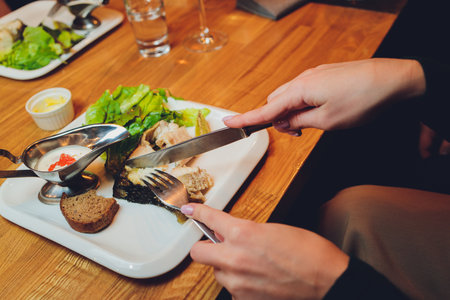 Table of enjoying food with family and friends top view.の写真素材