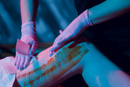 Mid section of therapist waxing womans leg at spa center.の写真素材