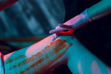 Mid section of therapist waxing womans leg at spa center.の写真素材