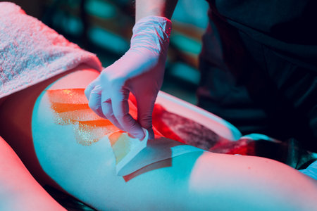 Mid section of therapist waxing womans leg at spa center.の写真素材