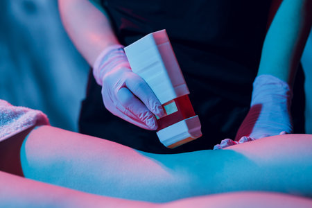 Young woman in Spa getting legs waxed for hair removal.の写真素材