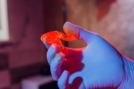 Liquid sugar for skin epilation rubber gloves close-up.
