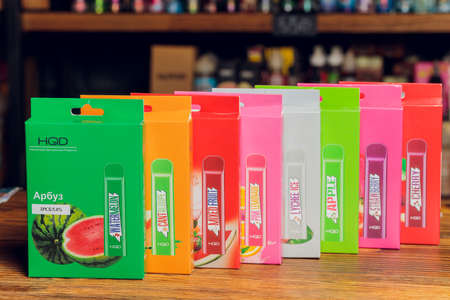 Ufa, Russia, Vape Shop, 3 July, 2020: Vaping pen, vape devices, mods for electronic cigarette or e cigarette, e cigのeditorial素材
