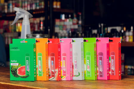 Ufa, Russia, Vape Shop, 3 July, 2020: Vaping pen, vape devices, mods for electronic cigarette or e cigarette, e cigのeditorial素材
