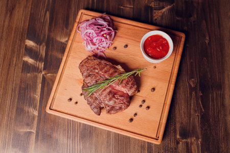 Beef steak with twig rosemary on a wooden table.の写真素材