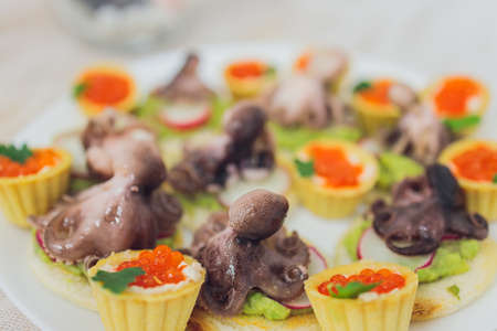 Beautifully decorated catering banquet table with different food snacks and appetizers with sandwich, caviar, fresh fruits on corporate christmas birthday party event or wedding celebration.の写真素材