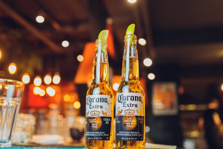 UFA, RUSSIA - APRIL 23, 2020: Corona Extra, one of the top-selling beers worldwide is a pale lager produced by Cerveceria Modelo in Mexico.のeditorial素材