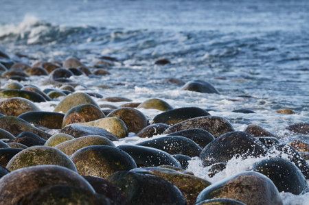 Small sea waves break against the stones of the shore. A bright sunny day and white foam of the...
