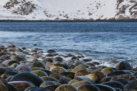 Small sea waves break against the stones of the shore. A bright sunny day and white foam of the waves. Melting glaciers as an environmental impact of air pollution.の写真素材
