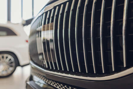 Macro Closeup Shot Of Silver Aluminium Car Front Bumper Vents Grill Mesh For Air Intake to Engine...