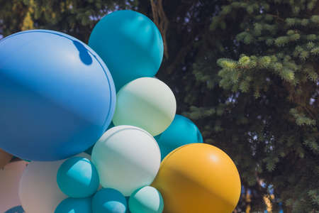 bright bunch of Colorful balloons. Background, low depth of focus.の写真素材