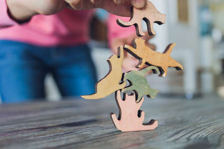 cat playing puzzle on the floor close-up.の写真素材