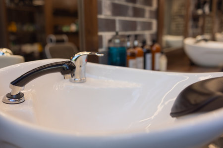 Barbershop. Blurred background hairdresser and hair salon, barber shop for men.の写真素材