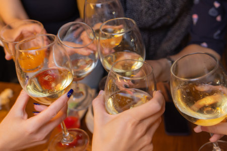 Clinking glasses with alcohol and toasting, party.の写真素材