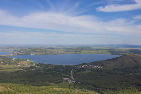 Above view of beautiful lake in summer in Ural region, Bashkortostan, Russia.の写真素材