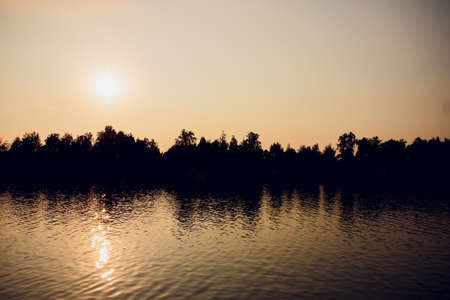 Sunset horizon water river landscape. River sunset horizon landscape. Sunset river horizon...