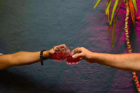 Clinking glasses with alcohol and toasting, party.