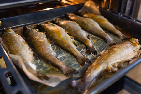 A lot of cooked fried roasted grilled meat or fish from a grill or oven lies on a metal tray. Photo for restaurant or stand-up meal banquet. Delicious tasty food at the party.の写真素材