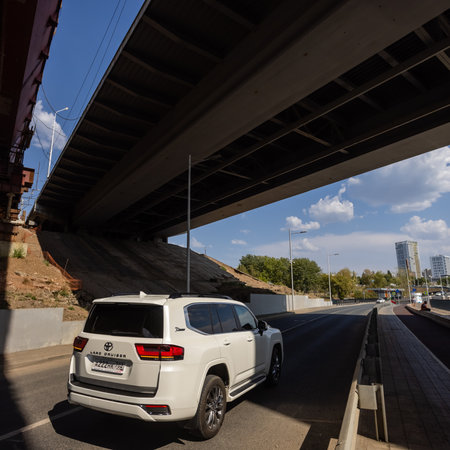 Ufa, Russia. 6 August 2021 black car of the Japanese brand Toyota Land Cruiser 300 Premium . SUV, 4x4. Reliable and beautiful car.のeditorial素材