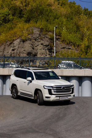 Ufa, Russia. 6 August 2021 black car of the Japanese brand Toyota Land Cruiser 300 Premium . SUV, 4x4. Reliable and beautiful car.のeditorial素材