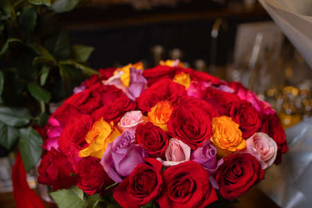 Close-up colorful spring bouquet with many different flowers jelly.