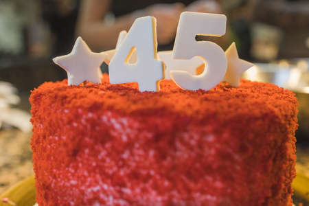 Birthday cake with candles. Candles on cake. Cake for holiday. Beautiful white cake with...