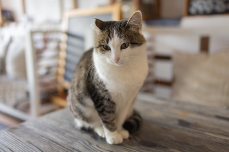 Adorable tabby cat sitting on kitchen floor staring at camera.の写真素材