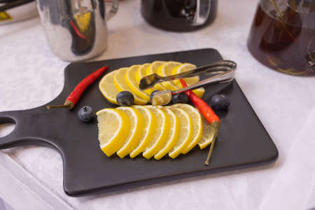 Different types of canapes on buffet table.の写真素材