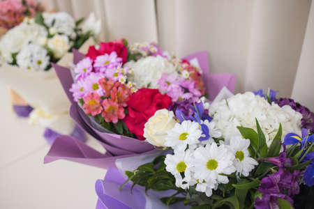 Close-up colorful spring bouquet with many different flowers jelly.の写真素材
