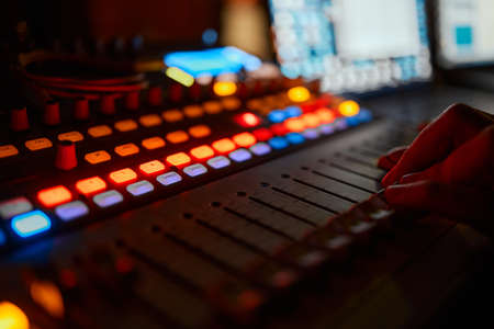 Mixing console for sound producer. Music. Sound. Sound controller. Directors remote.の写真素材