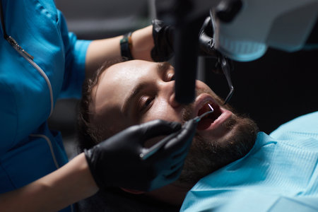 The dentist treats his patients teeth with a microscope. The dentist treats the patients mouth. Dental care.の写真素材
