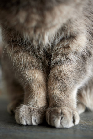 close-up of gray British cat paws sitting on the table.の写真素材