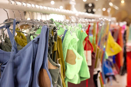Vareity of bra hanging on a hanger. Textile, Underwear. Female bra in lingerie underwear store....