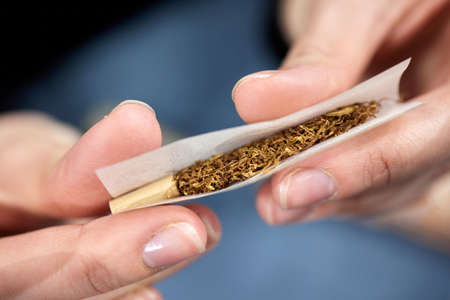 Close up of a mans hands rolling up a marijuana joint.の写真素材