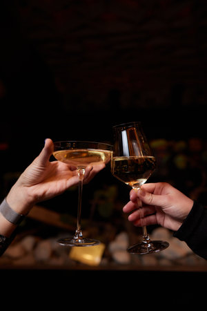 Celebrating with glasses of alcohol in hands. Happy female friends having good time.の写真素材