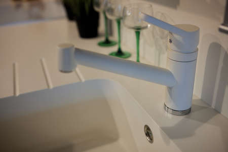 Kitchen water mixer. Water tap made of chrome material.の写真素材