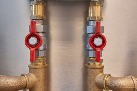 Plumbing service. copper pipeline of a heating system in boiler room.