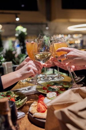 Celebrating with glasses of alcohol in hands. Happy female friends having good time.の写真素材