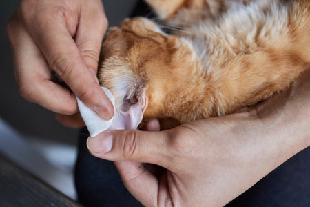 man hand cleaning her cat eyes with cotton pad.の写真素材