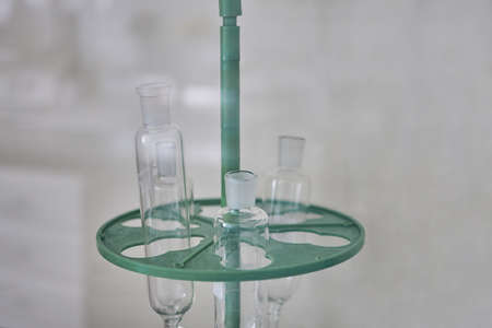 Empty podium glass with glass geometric platform. science laboratory test tubes, chemical laboratory...