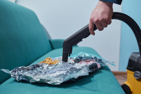 Space saver saving seal bag sucking air vacuum clothing storage compressed package.の写真素材