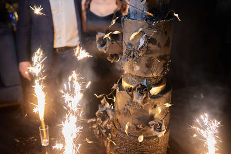 Above burning candles - fireworks, stand in a cake and a hand hangs over it.の写真素材