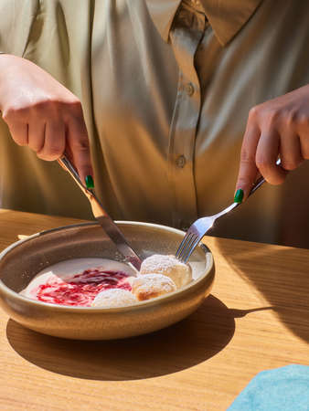 Restaurant commercial syrniki delicious food with raspberries.