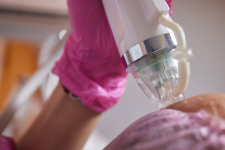 Shot of a beautiful young woman on a facial dermapen micro-needling treatment at the beauty salon.