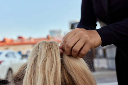 weave braid girl in a hair salon.の写真素材