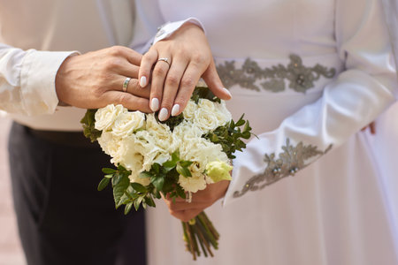 Bride and groom Asian Muslims marry in a beautiful red love theme. celebration nikah day.の写真素材