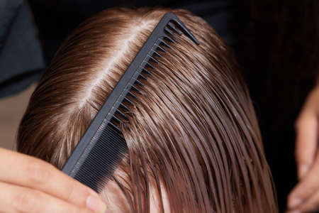 Hands of hairdresser hold hair strand between his fingers making haircut of long hair of the young woman with comb and scissors in hairdresser salon, close up.の写真素材