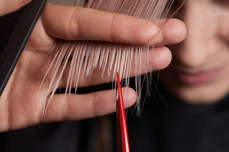Hands of hairdresser hold hair strand between his fingers making haircut of long hair of the young woman with comb and scissors in hairdresser salon, close up.の写真素材