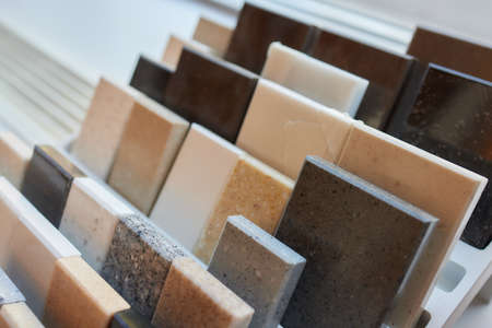 Exposition of ceramics in a showroom new tiling option for floors and walls for home building...