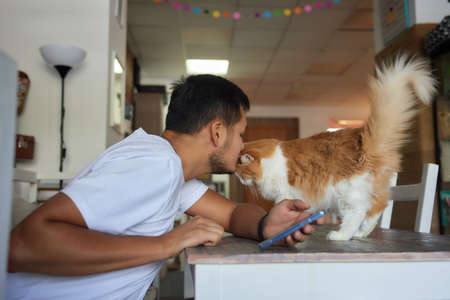 Young man in t shirt holding a cat.の写真素材